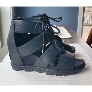 Women's 8.5 Sorel Joanie II Lace Black Leather Wedge Sandals
